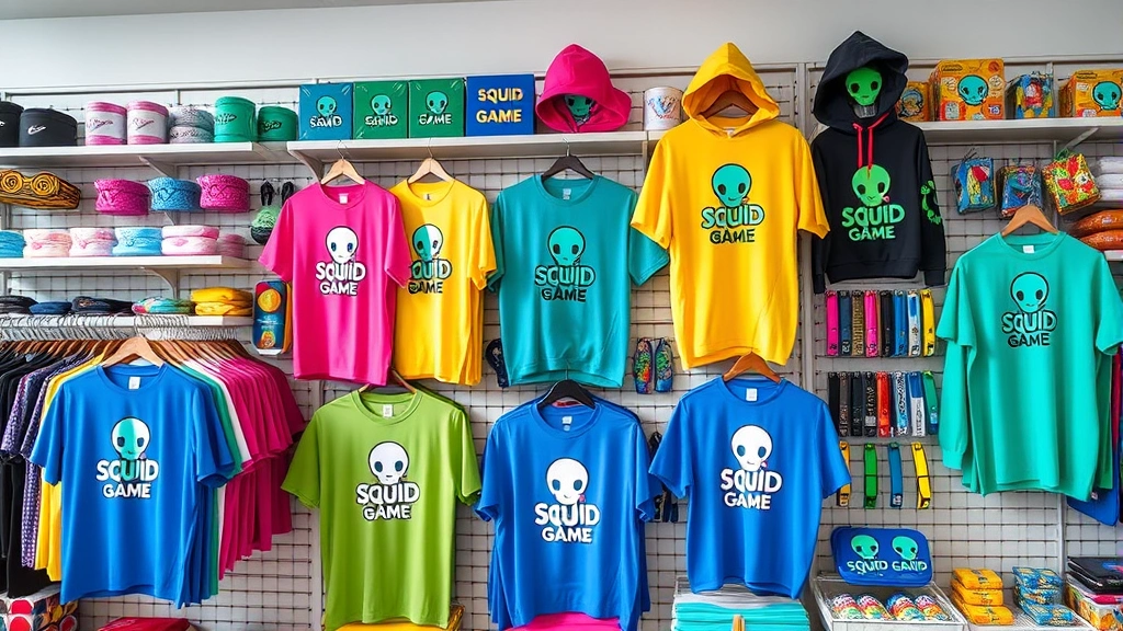 Colorful merchandise display featuring Squid Game logo on t-shirts, hoodies, and accessories arranged on retail shelves, natural lighting, diverse product variations, modern retail environment, vibrant fashion items