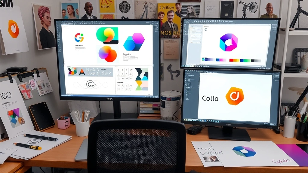 Designer's workspace with logo sketches, design software screens showing geometric shapes, color swatches, mood boards with cultural references, creative studio environment, professional design tools visible