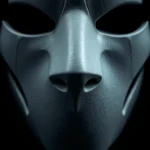 Close-up of white geometric mask with circle symbol against dark background, professional studio lighting, photorealistic texture showing material details, mysterious and unsettling atmosphere, no text or UI elements