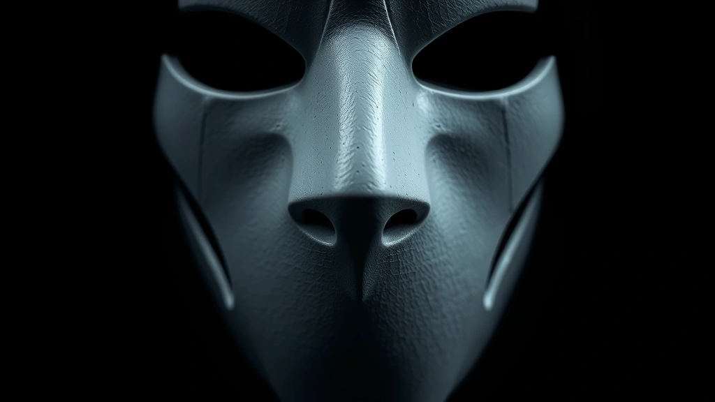 Close-up of white geometric mask with circle symbol against dark background, professional studio lighting, photorealistic texture showing material details, mysterious and unsettling atmosphere, no text or UI elements