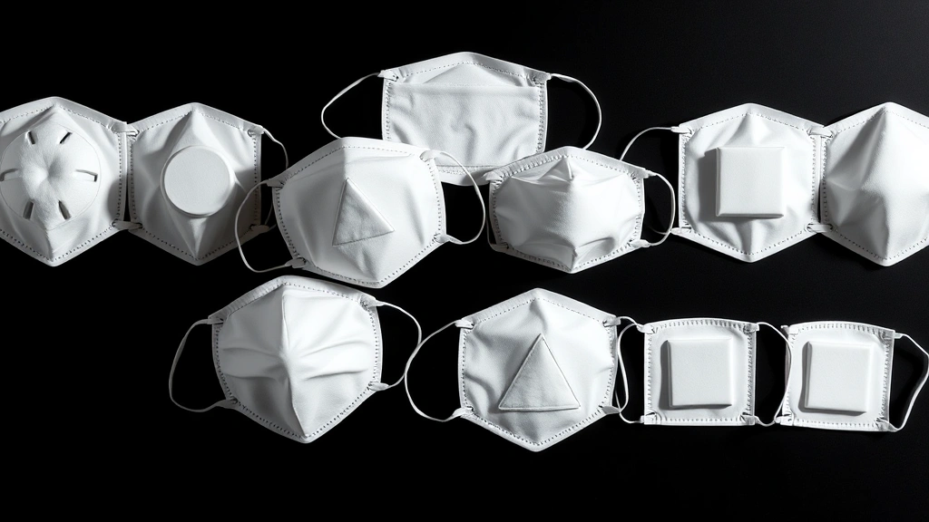 Multiple white masks with different geometric shapes arranged in ascending hierarchy formation, soft dramatic lighting creating shadows, showing circle triangle and square symbols clearly, professional product photography style, isolated on dark background