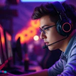 Professional gamer wearing headset, intensely focused on monitor, gaming setup with RGB lighting, dark atmospheric background, realistic photography