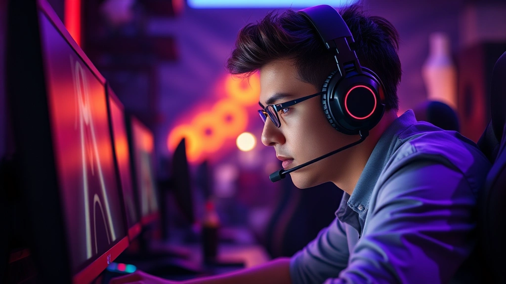 Professional gamer wearing headset, intensely focused on monitor, gaming setup with RGB lighting, dark atmospheric background, realistic photography