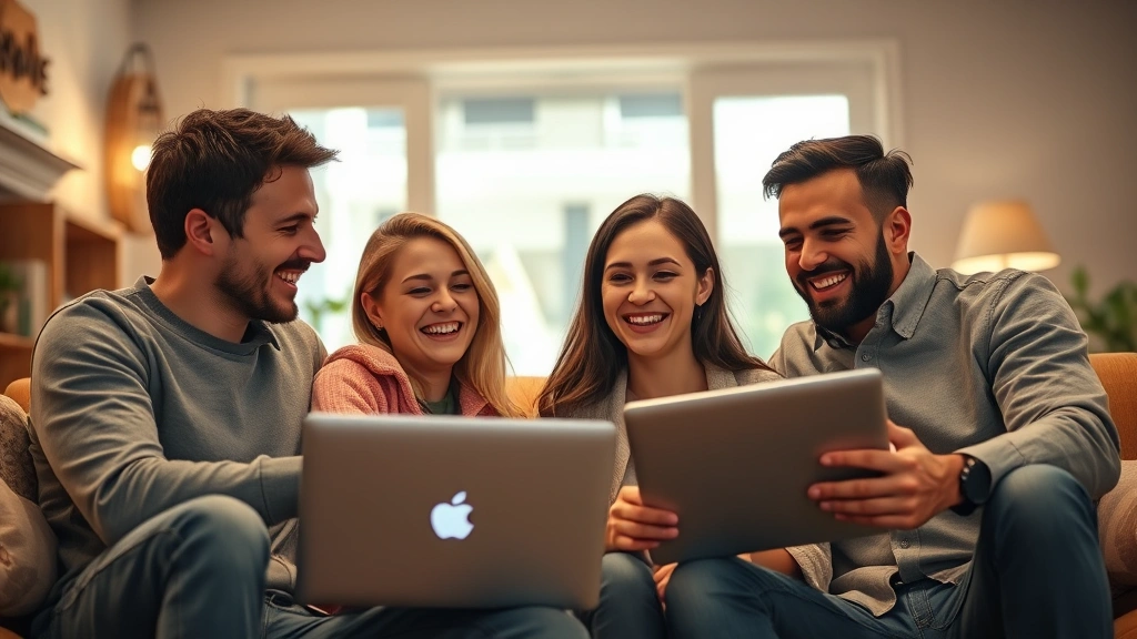 Group of friends laughing together while watching something on laptop, casual cozy environment, warm lighting, genuine expressions, photorealistic