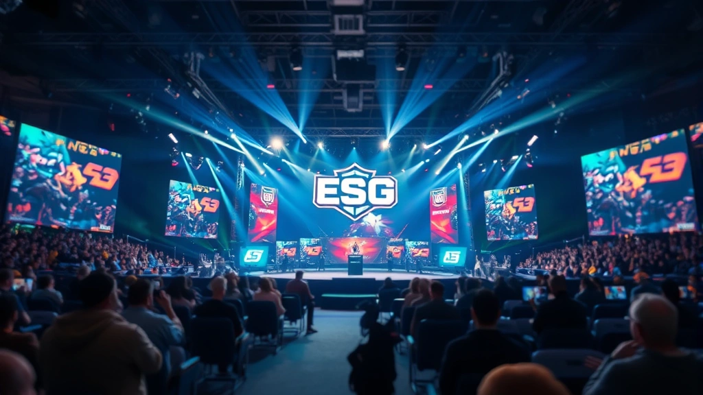Esports tournament stage with dramatic lighting, competitive gaming setup, audience in background blurred, high-energy atmosphere, professional photography