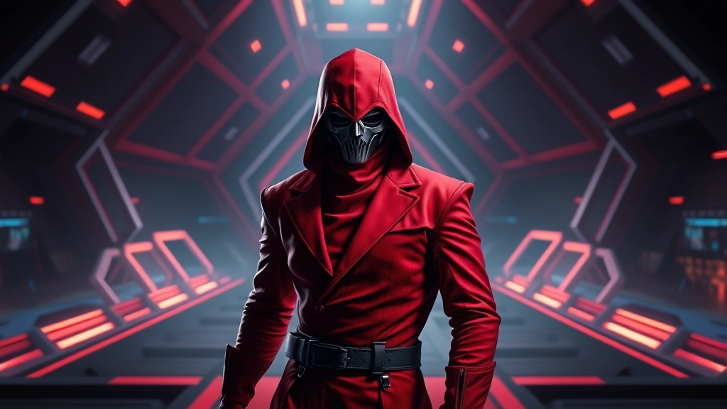 Masked guard in striking red suit standing confidently in front of geometric game arena with dramatic lighting and no visible text or UI elements
