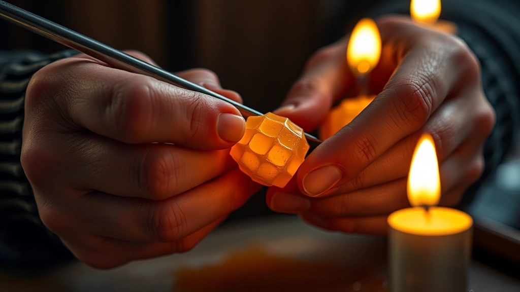 Close-up of hands carefully carving delicate honeycomb candy with needle tool, showing focused concentration and tension in candlelit setting