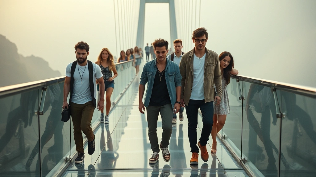 Multiple contestants with different expressions walking cautiously across transparent glass bridge structure with dramatic height perspective and atmospheric lighting