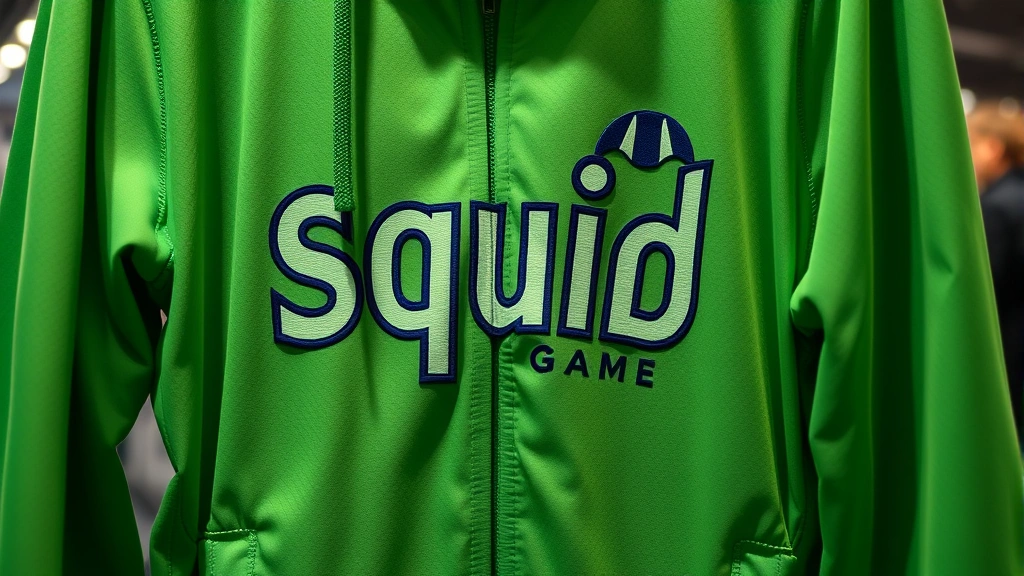 Close-up of authentic green Squid Game contestant tracksuit hanging on display, photorealistic fabric texture, professional retail lighting, no text visible