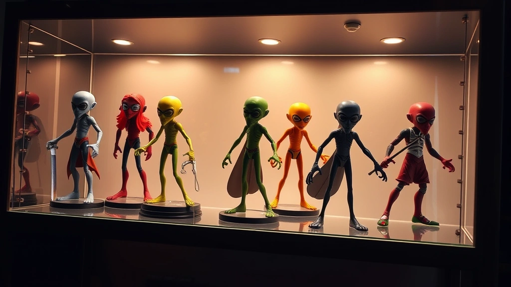 Premium collectible action figures of Squid Game characters displayed on illuminated shelving unit, detailed paint work visible, dramatic studio lighting, no packaging text shown