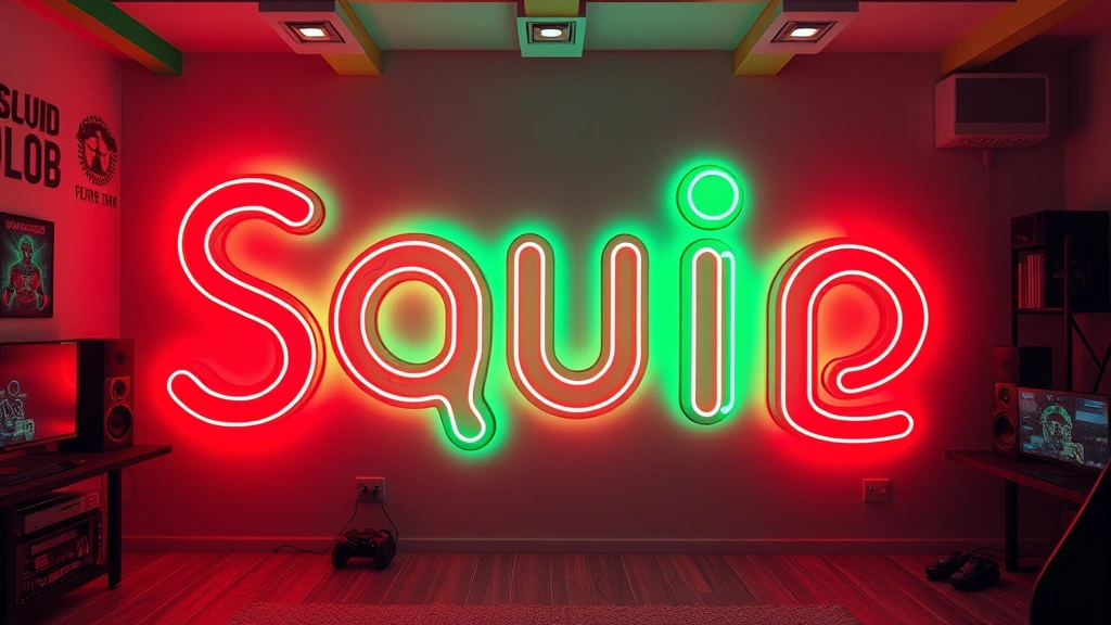 Neon sign spelling Squid Game with glowing red and green colors in modern gaming room setup, ambient lighting effect, no text overlays, photorealistic rendering