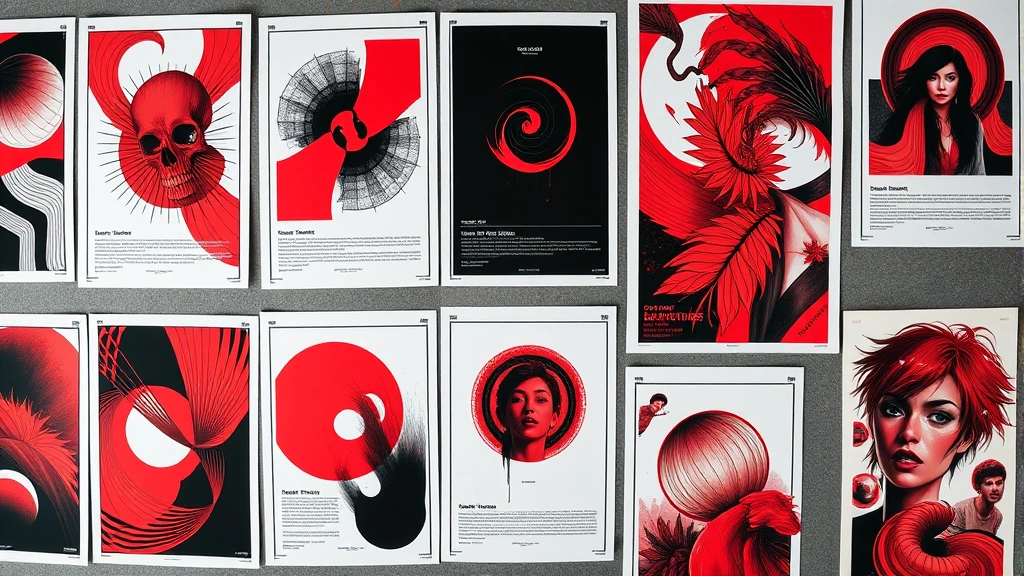 Overhead flat lay of premium limited edition posters arranged in display, showing multiple designs with red and black color schemes, professional photography lighting highlighting paper quality