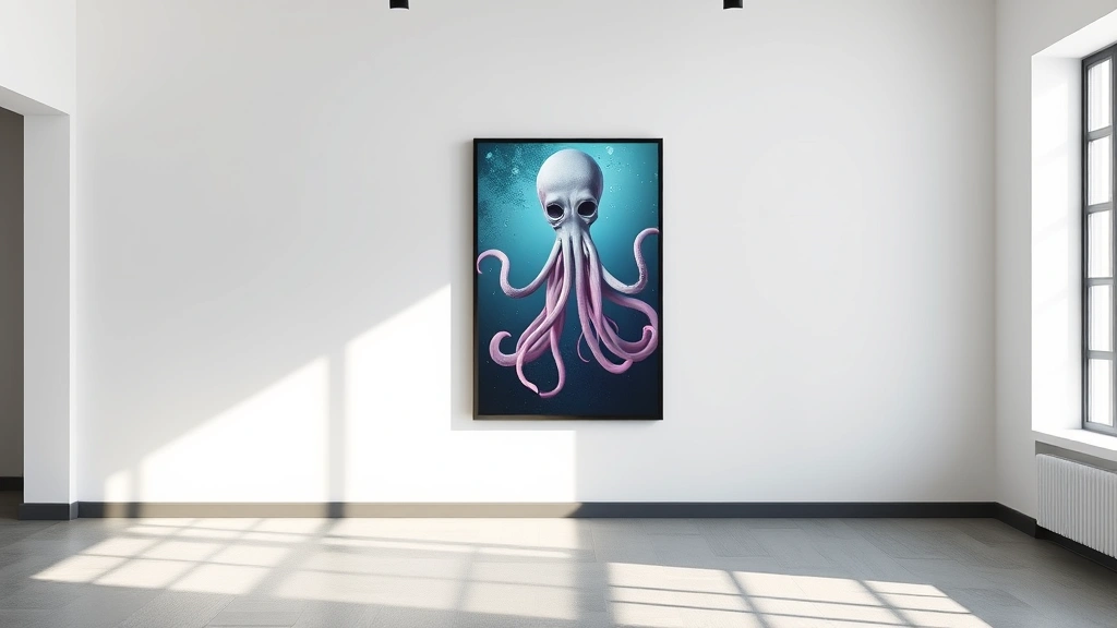 Modern minimalist interior room with a striking Squid Game poster mounted on white wall, natural daylight streaming through window, framed in black metal frame, contemporary gallery setting