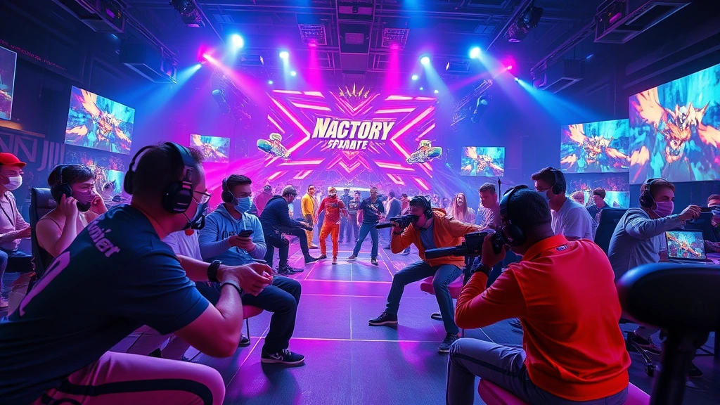 Intense multiplayer competition scene with diverse players in colorful gaming environment, neon lighting effects, dynamic action poses, high energy atmosphere, professional gaming setup