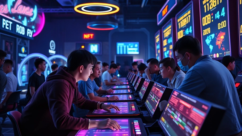 Players gathered around glowing screens competing in synchronized challenge game, futuristic gaming arena with digital scoreboards, immersive lighting design, engaged focused expressions