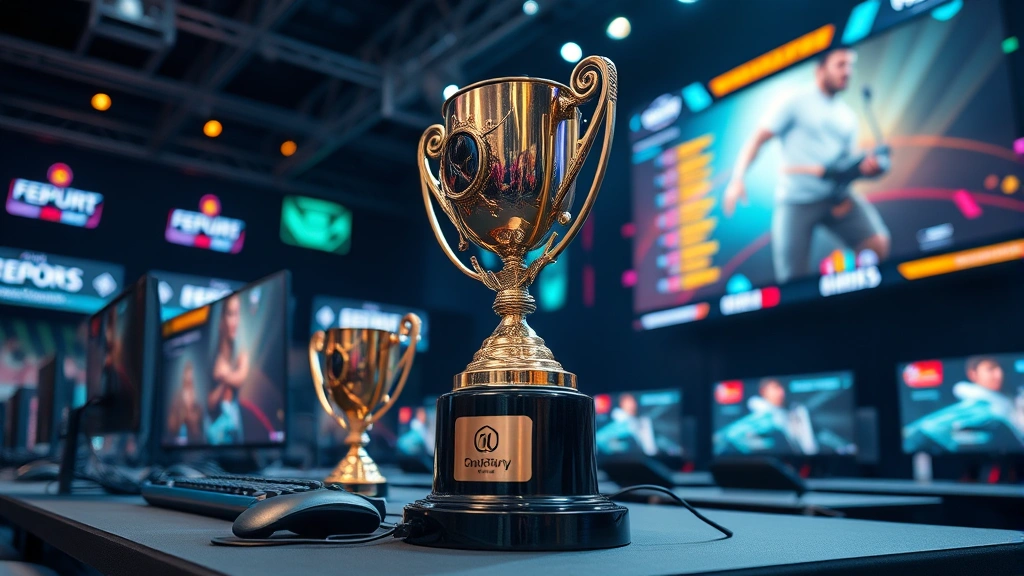 Trophy and achievement display with gaming peripherals, competitive ranking leaderboard visualization, celebration atmosphere, esports tournament setting with professional production quality