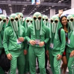 Diverse group of cosplayers in Squid Game costumes at convention, green tracksuits and geometric masks visible, excited fans posing together, photorealistic convention photography, dynamic energy
