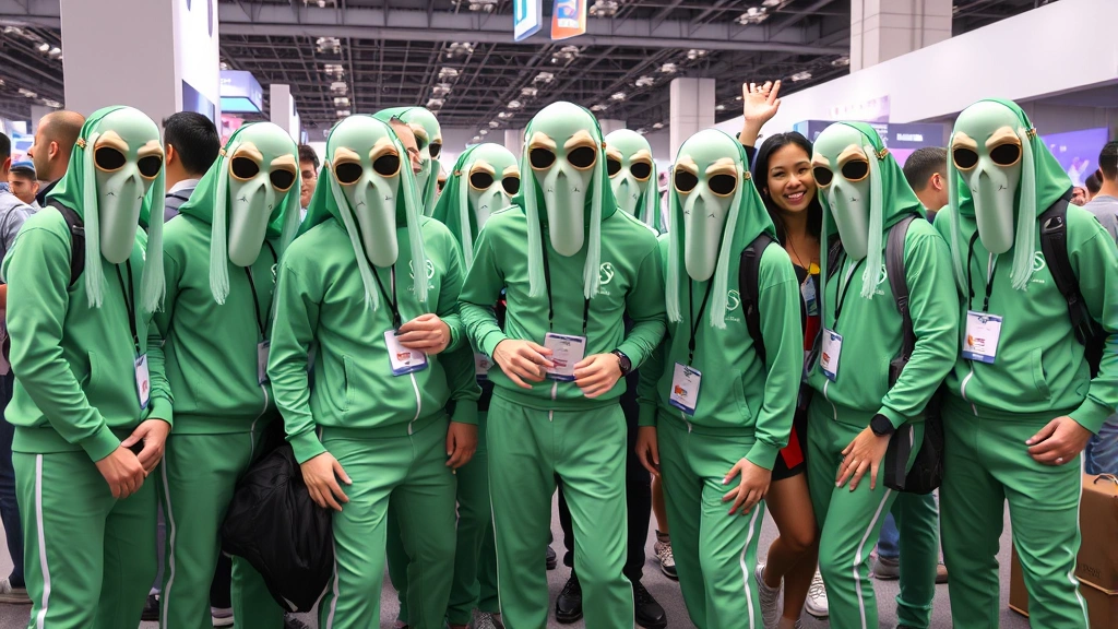 Diverse group of cosplayers in Squid Game costumes at convention, green tracksuits and geometric masks visible, excited fans posing together, photorealistic convention photography, dynamic energy