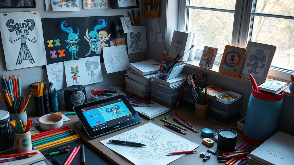 Creative fan artist workspace with digital tablet, sketches of Squid Game characters visible, colorful art supplies scattered, natural lighting through window, authentic creative environment