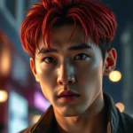 Intense Korean male character with red-dyed hair, dramatic lighting, determined expression, modern urban background, photorealistic cinematic quality, no UI or text