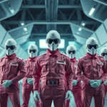 Professional actors dressed as Squid Game guards in pink and white uniforms standing authoritatively in a modern facility with geometric architectural elements, photorealistic cinematic lighting