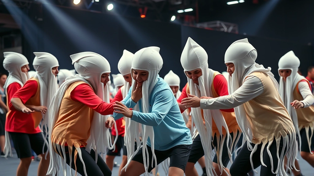 Diverse group of players wearing Squid Game costumes competing in a physical challenge game, showing genuine excitement and teamwork, professional venue setting with dramatic lighting