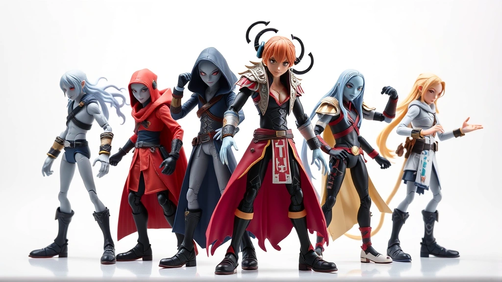 Professional product photography of premium articulated action figures depicting main Squid Game characters in dynamic poses, displayed on white background with dramatic lighting, showing intricate costume details and facial sculpting