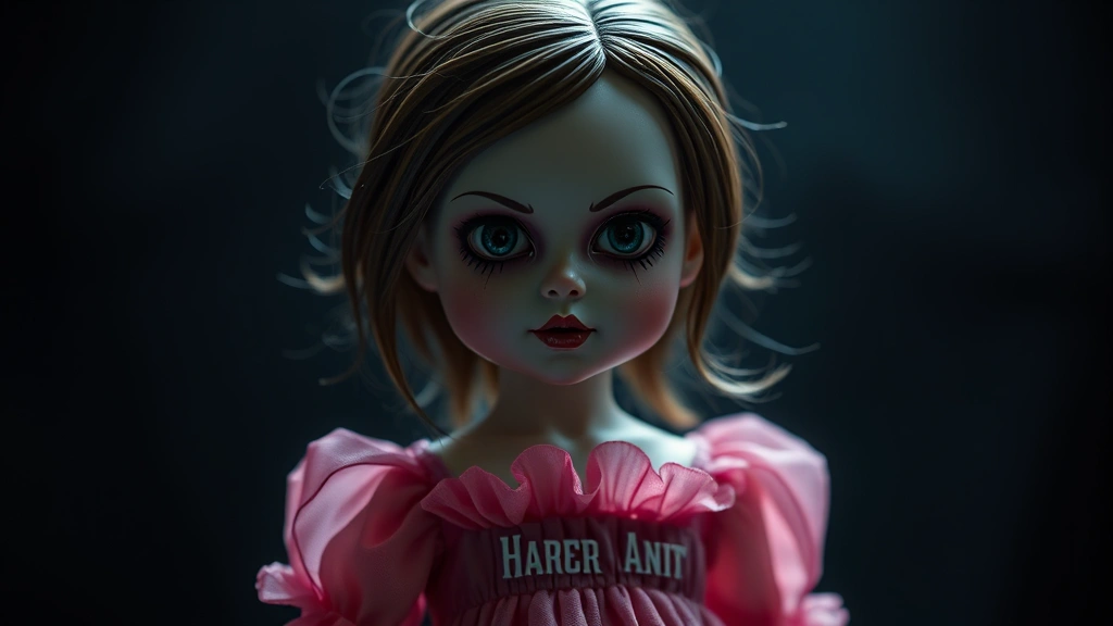 Detailed close-up of collectible doll figure with pink dress and haunting expression, positioned in atmospheric lighting against dark background, showcasing paint quality and craftsmanship without any text or UI elements