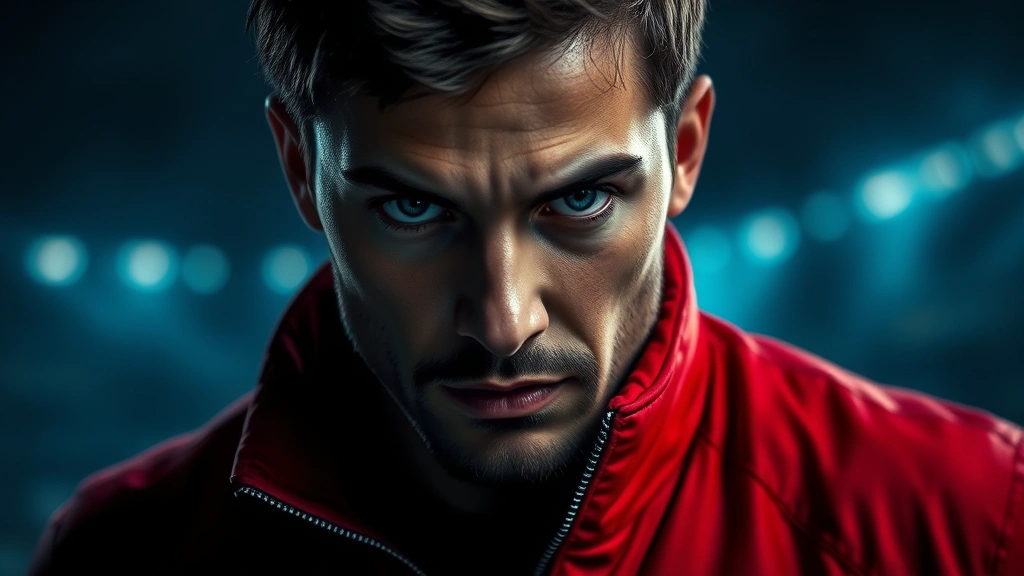 Dramatic portrait of a determined player character with intense eyes, wearing iconic red jacket against dark atmospheric background, cinematic lighting, moody blue and red color grading, professional character photography style