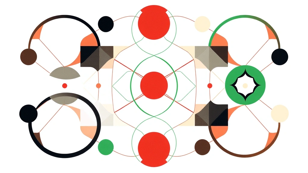 Abstract geometric composition featuring interconnected circles, triangles, and squares in red, green, black colors arranged in dynamic pattern, minimalist modern design, clean white space, symmetric balanced layout