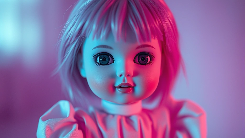 Surreal artistic rendering of the doll figure from the iconic game, rendered in soft focus with ethereal lighting, pastel color palette transitioning from pink to purple, haunting yet beautiful aesthetic, dreamlike quality