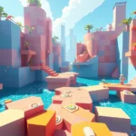Vibrant indie puzzle game environment with colorful water flowing through geometric structures and interactive platforms in bright daylight setting, photorealistic quality, no UI elements