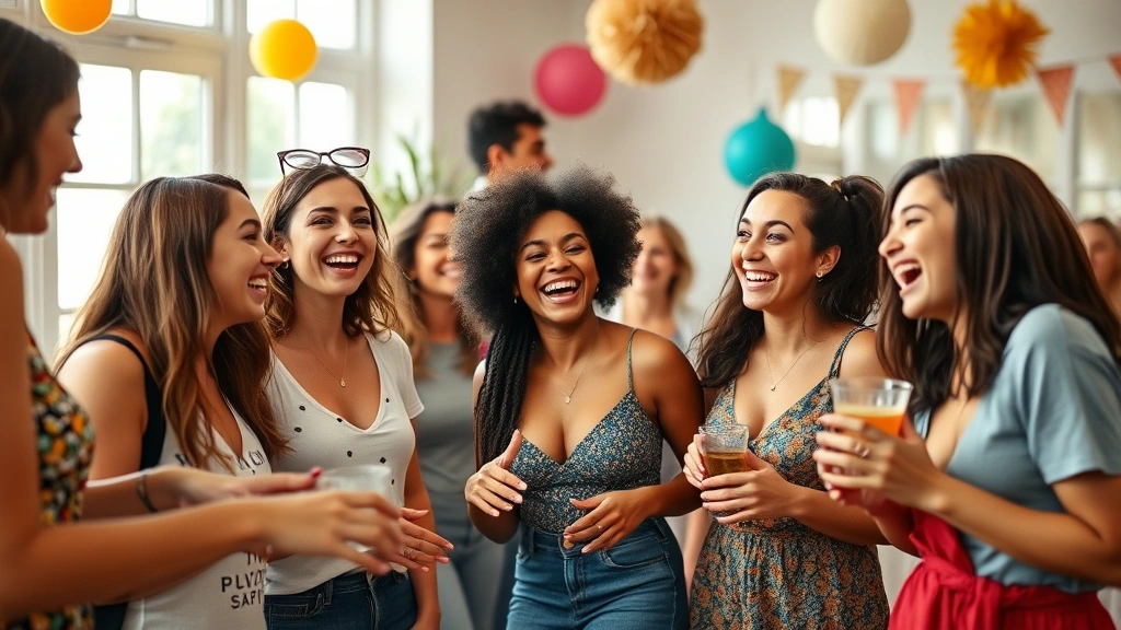 A diverse group of women laughing and playing party games together at an indoor celebration, natural lighting, colorful decorative elements, joyful expressions, casual party attire