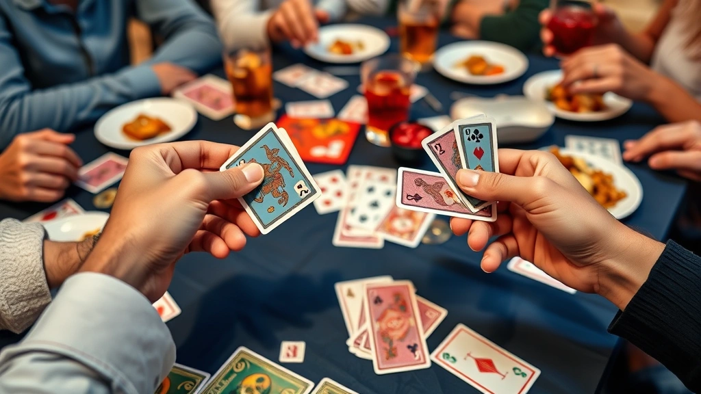 Close-up of hands holding playing cards and party game materials spread across a table with drinks and snacks, vibrant colors, festive atmosphere, genuine candid moment