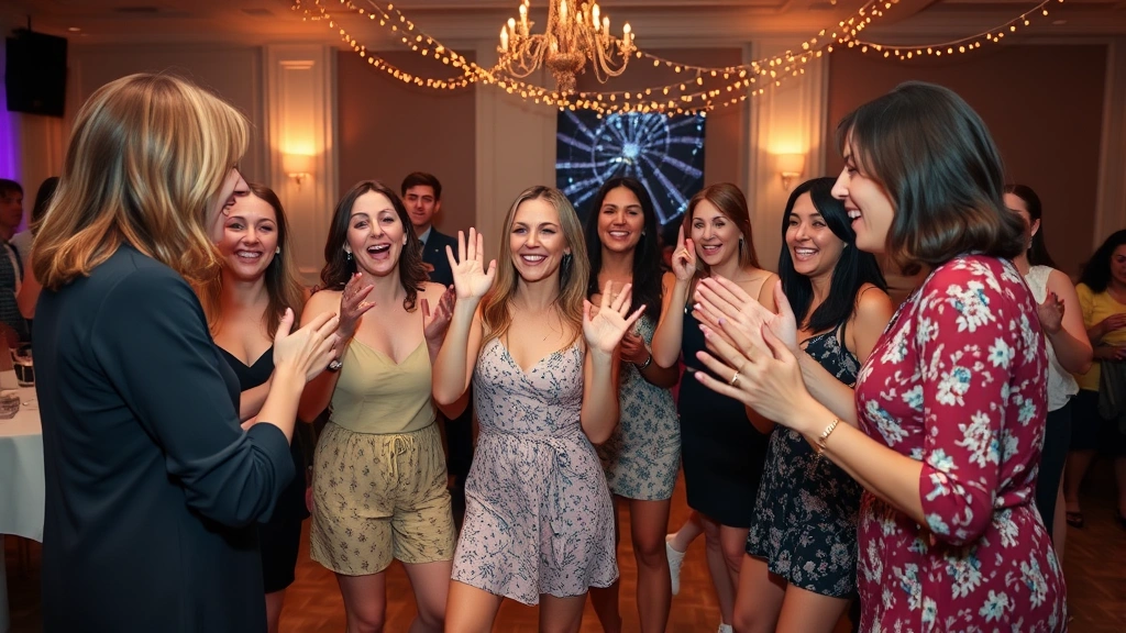 Women engaged in an active party game challenge like charades or team competition, dynamic movement, genuine reactions, indoor venue with decorative lights, celebratory energy