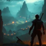 Cinematic action-adventure game scene with protagonist in dramatic pose overlooking expansive fantasy landscape with glowing magical elements and atmospheric lighting