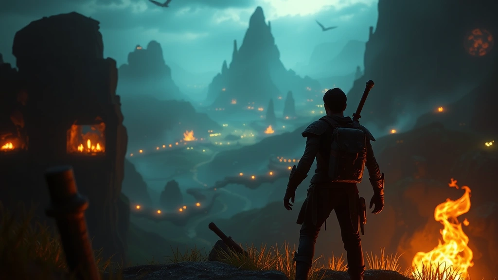 Cinematic action-adventure game scene with protagonist in dramatic pose overlooking expansive fantasy landscape with glowing magical elements and atmospheric lighting