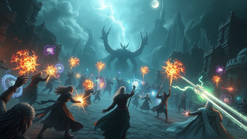 Epic fantasy RPG battle scene with glowing magical effects, multiple characters casting spells, dramatic lighting effects, and intense combat action