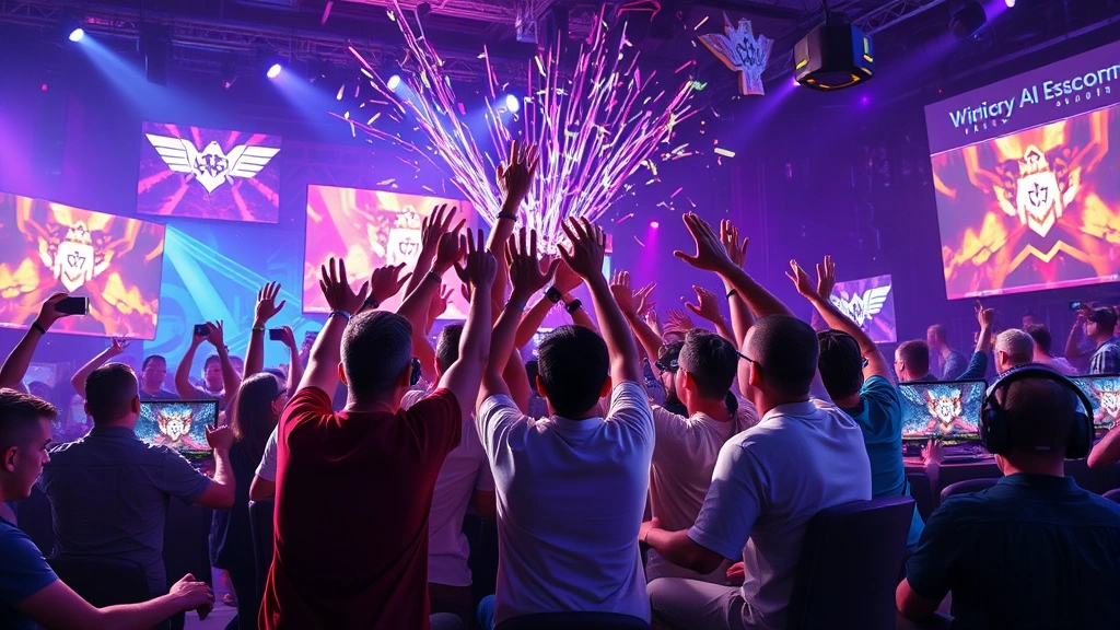 Vibrant multiplayer gaming community celebrating victory with colorful digital effects, teamwork displays, and energetic gaming atmosphere