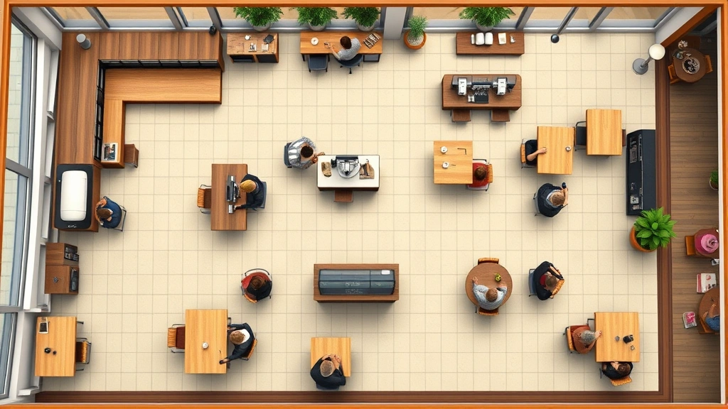 Overhead view of coffee shop floor plan with multiple stations, customers seated at tables, efficient workflow layout, vibrant café atmosphere, realistic detailed environment