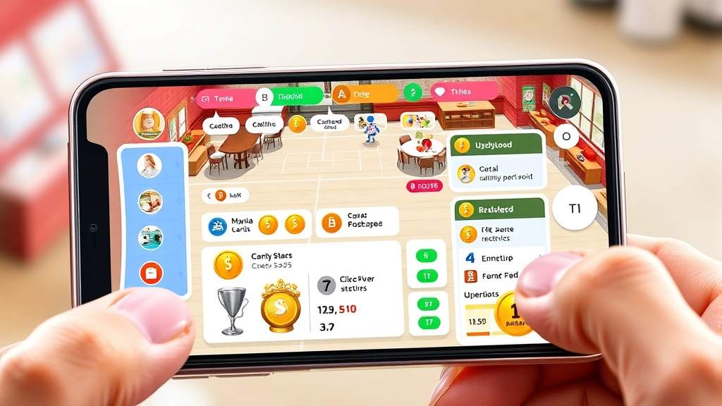 Mobile phone screen displaying game interface with café management dashboard, coins and upgrades visible, player making strategic decisions, bright gaming graphics