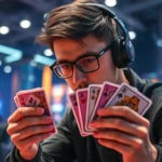 Professional competitive card game player intensely focused on tournament match, holding cards with dramatic lighting, neon-colored gaming setup visible in background, photorealistic modern esports arena setting