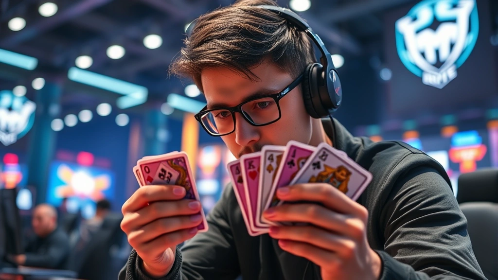 Professional competitive card game player intensely focused on tournament match, holding cards with dramatic lighting, neon-colored gaming setup visible in background, photorealistic modern esports arena setting