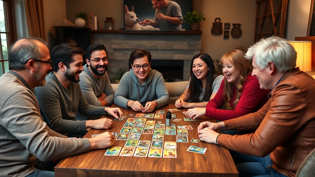 Diverse group of friends laughing around table playing colorful strategic card game in cozy living room, cards spread across table, warm lighting, casual gaming atmosphere, photorealistic social gaming scene