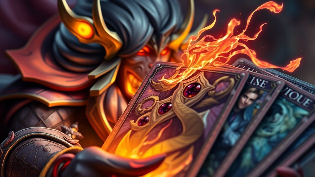 Close-up of rare legendary card character glowing with magical effects, detailed fantasy artwork visible, cards fanned out showing different strategic options, professional photography lighting, photorealistic trading card aesthetic