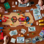 Overhead shot of a modern strategy board game in mid-play, showing colorful game pieces, cards, and player components arranged on a wooden table with warm lighting, no visible text or UI elements
