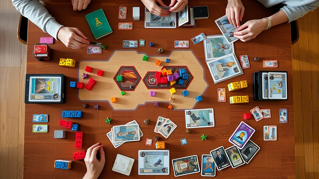 Overhead shot of a modern strategy board game in mid-play, showing colorful game pieces, cards, and player components arranged on a wooden table with warm lighting, no visible text or UI elements