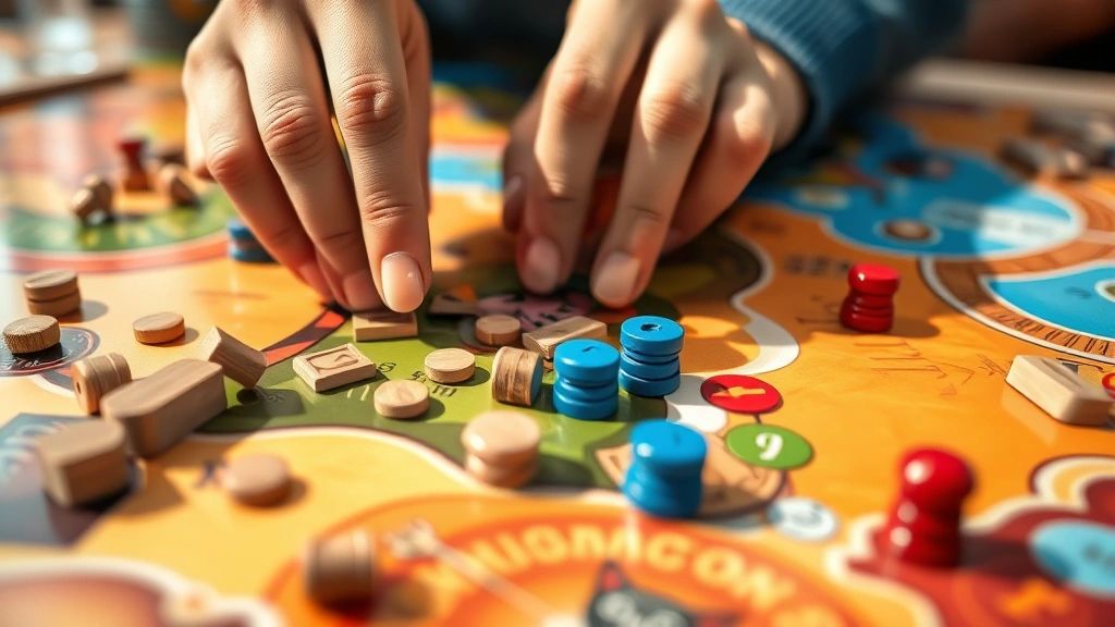 Close-up photograph of hands placing wooden resources and game tokens on a vibrant board game, showing the tactile quality of components, diverse player colors, natural daylight