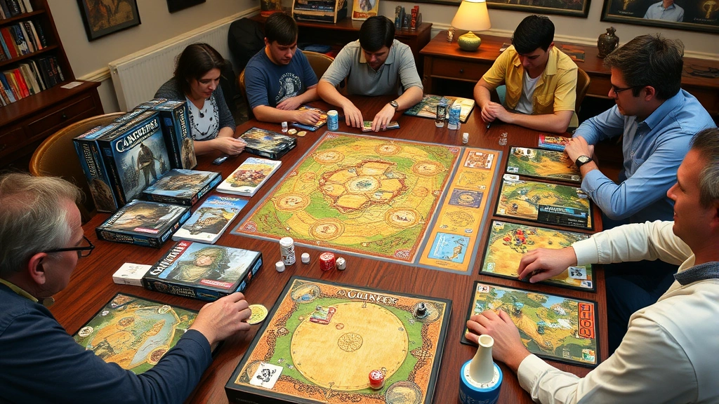 Wide shot of a game table with multiple strategy board games displayed, featuring various box covers and components, players engaged in gameplay, cozy game room atmosphere, no readable text