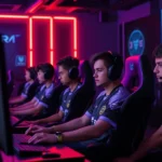 Five professional esports players sitting at gaming PCs in a modern team facility, wearing matching jerseys, intently focused on monitors during a competitive match, neon RGB lighting illuminating the dark space, high-end gaming peripherals visible
